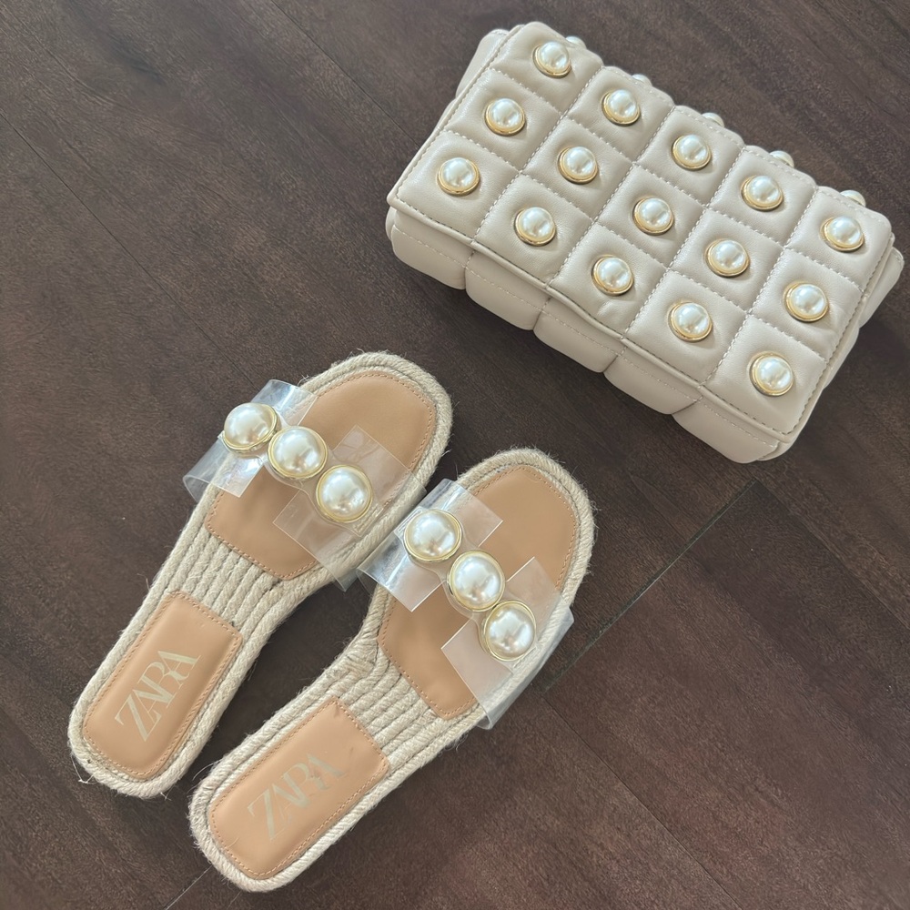 Bundle Zara Cream Pearl-Embellished Clutch and sandals